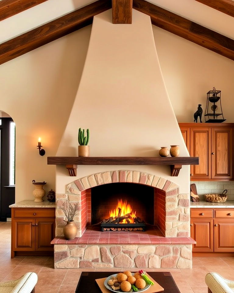 earthy terracotta fireplace in a mediterranean kitchen