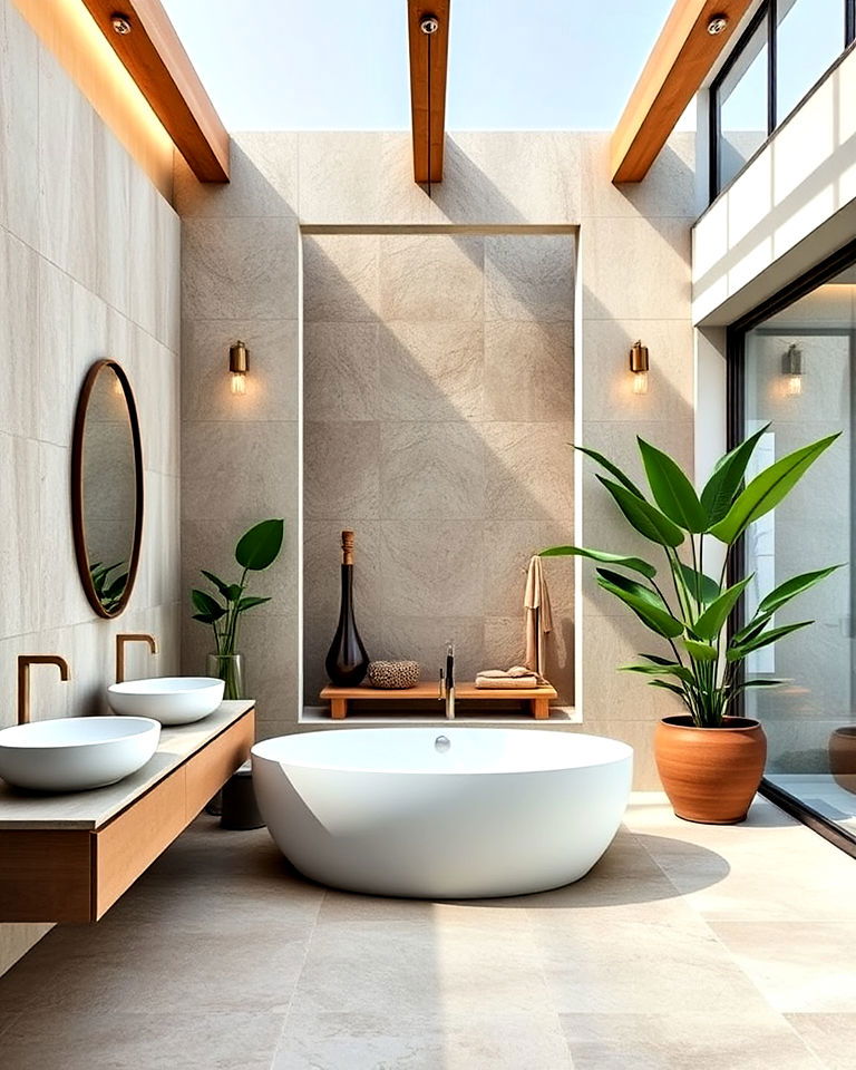 earthy zen pool bathroom