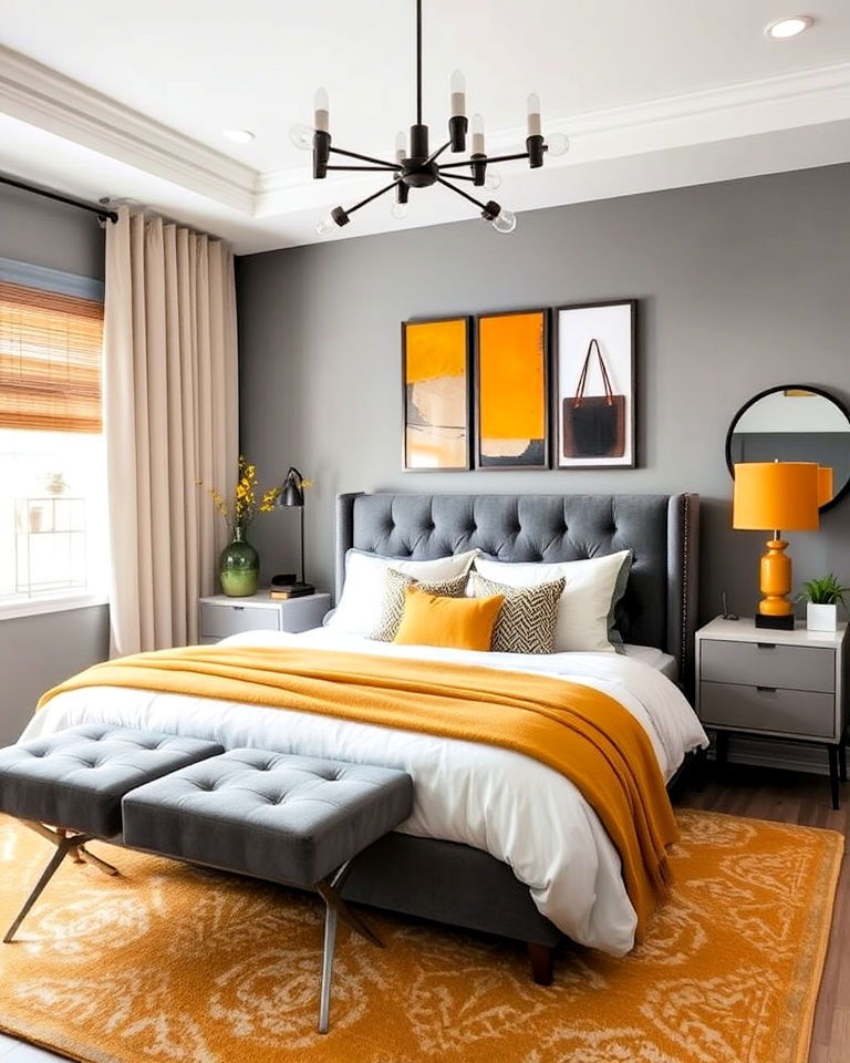eclectic and bold mustard yellow and gray bedroom