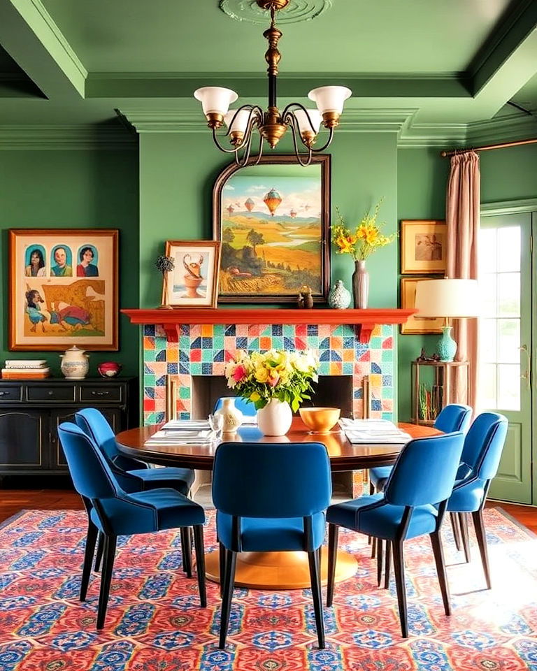 eclectic dining room with colorful fireplace tile surround