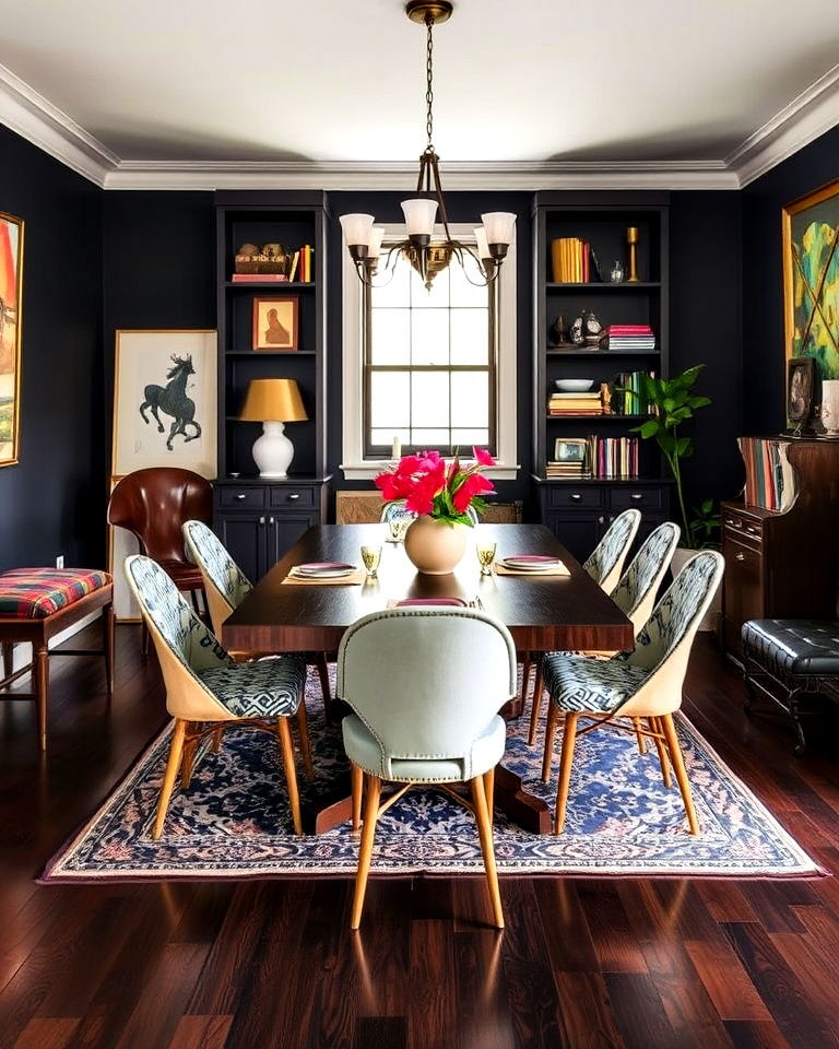 eclectic dining room with dark wood floors