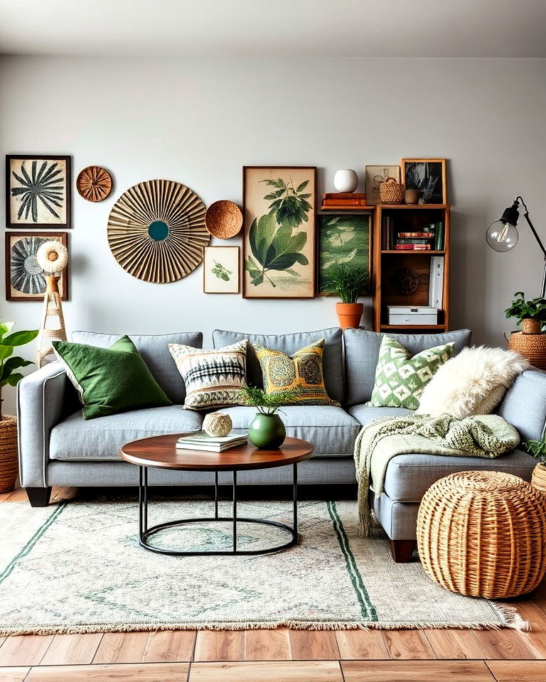 eclectic green and grey living room with textured layers