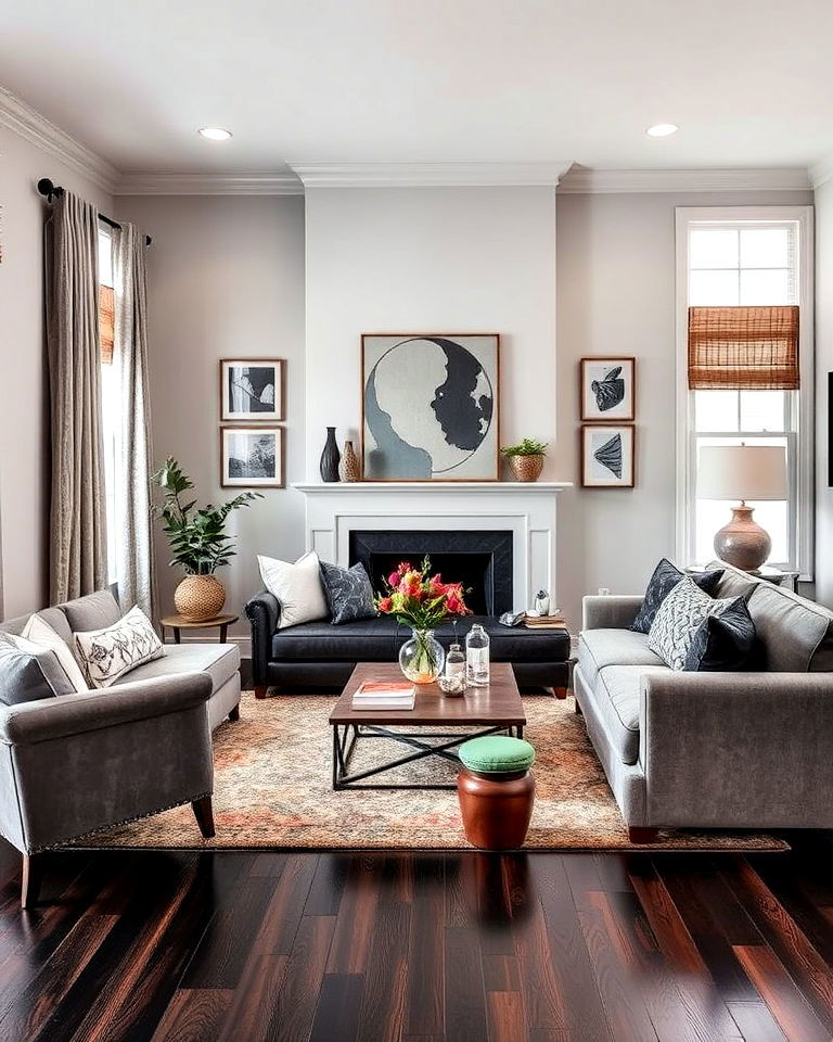 eclectic grey living room with dark wood floor and mixed textures