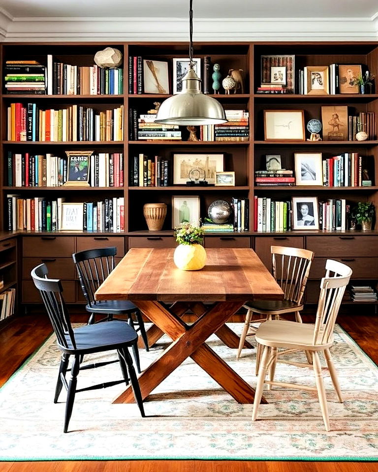 eclectic library dining room combo