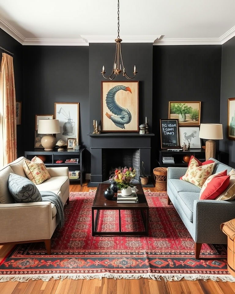 eclectic mix of patterns living room with dark grey walls