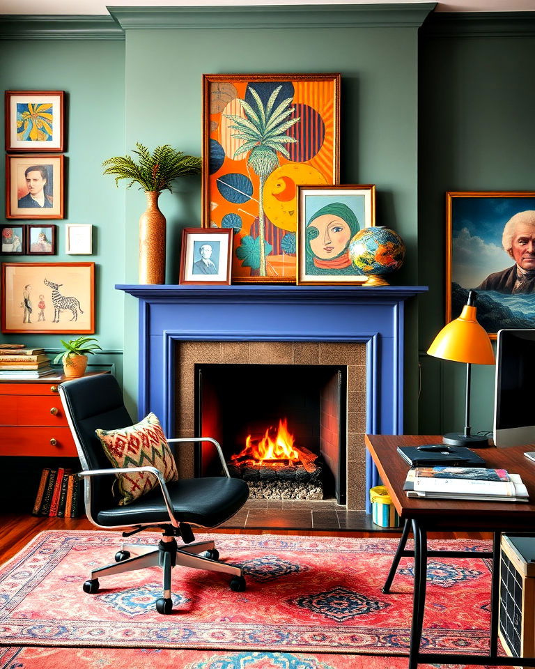 eclectic office with colorful fireplace mantel