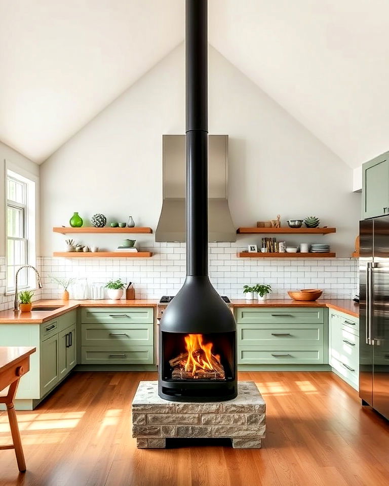 eco friendly ethanol fireplace in a green kitchen