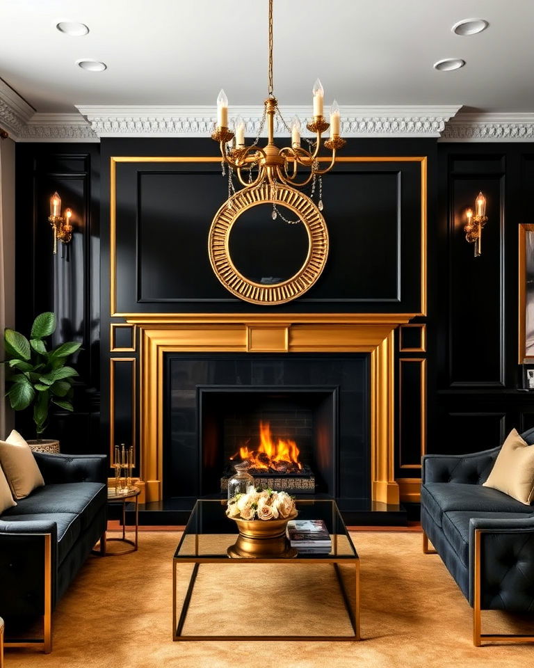 elegance black fireplace with gold accents