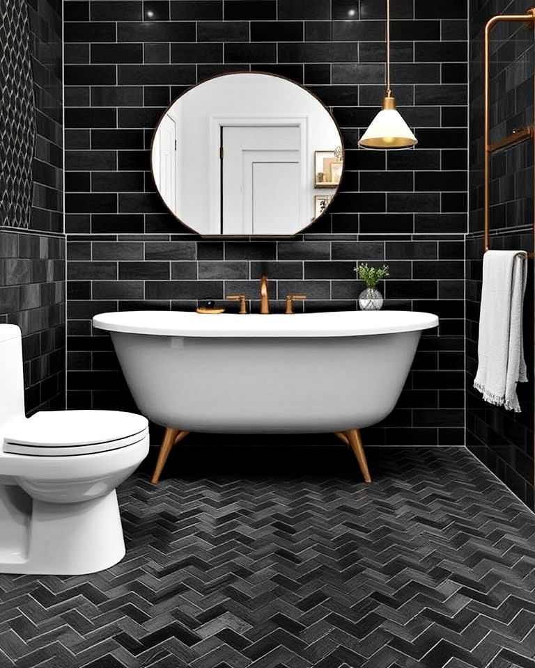 elegant black herringbone tiled bathroom floor