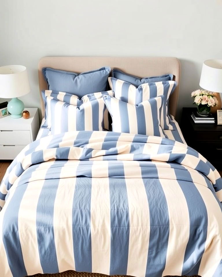 elegant blue and beige striped bedding