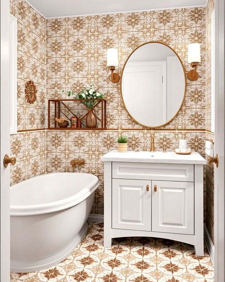 elegant brown and white patterned bathroom tiles