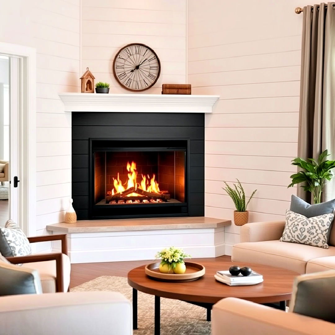 elegant corner gas fireplace with shiplap wall