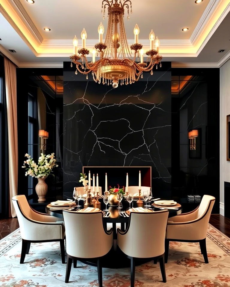 elegant dining room with a black stone fireplace