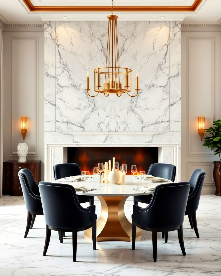 elegant dining room with marble fireplace