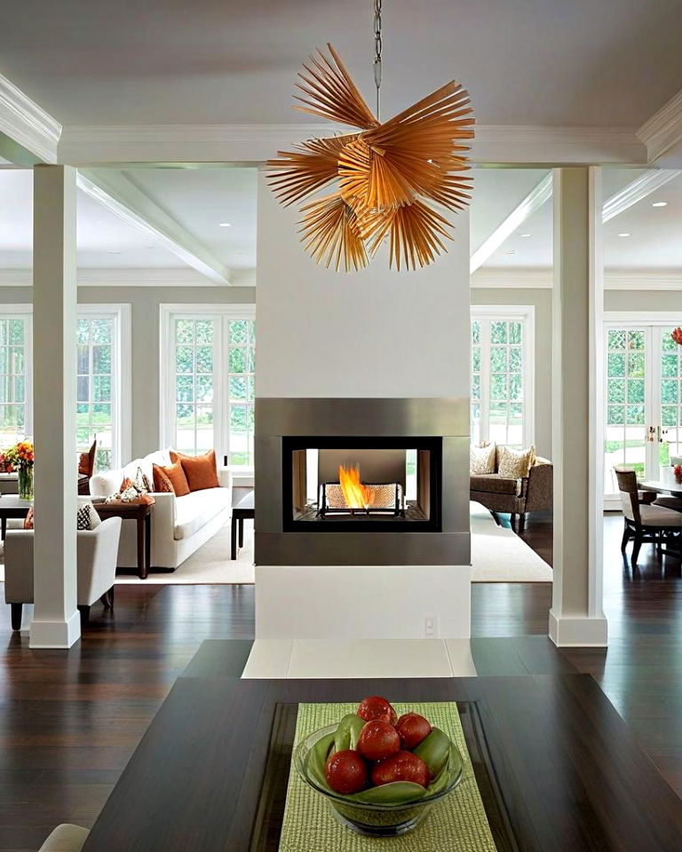 elegant double sided fireplace in a spacious kitchen