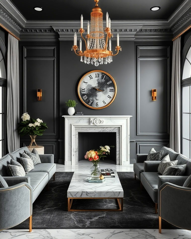 elegant formal living room with grey and marble