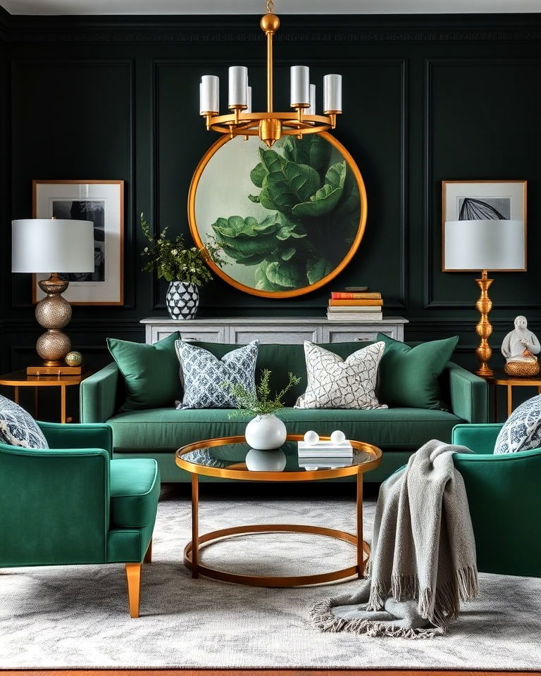 elegant green and grey living room with brass accents