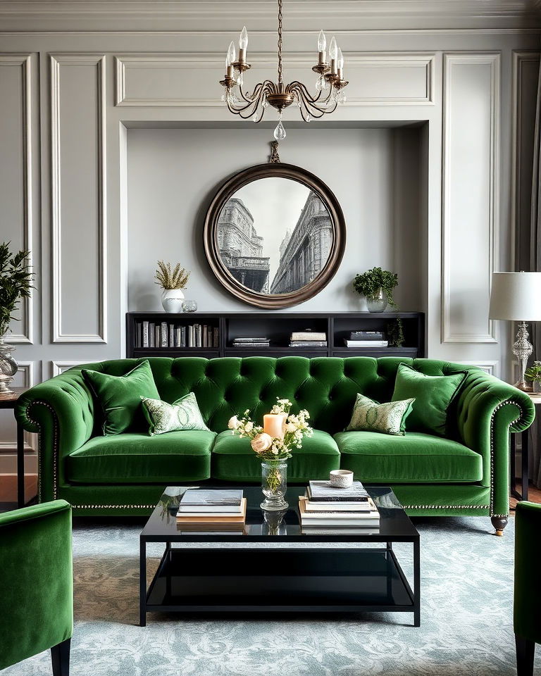 elegant green and grey living room with velvet finishes