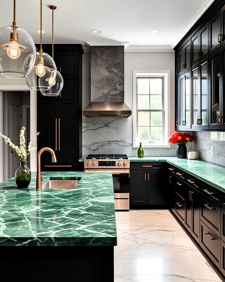 elegant green marble countertops with black cabinets