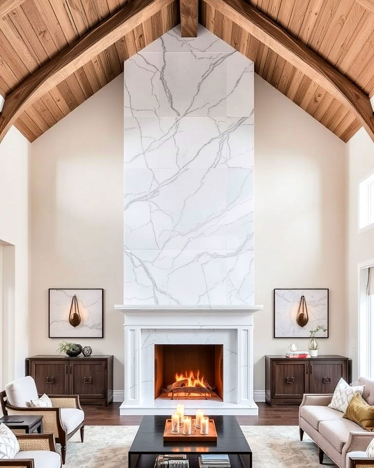 elegant marble fireplace in a vaulted ceiling space