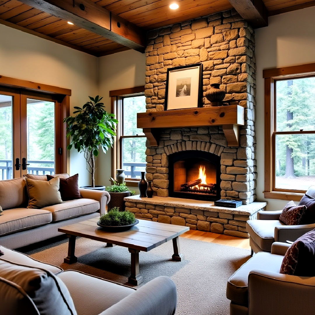 elegant natural stone surround off center fireplace