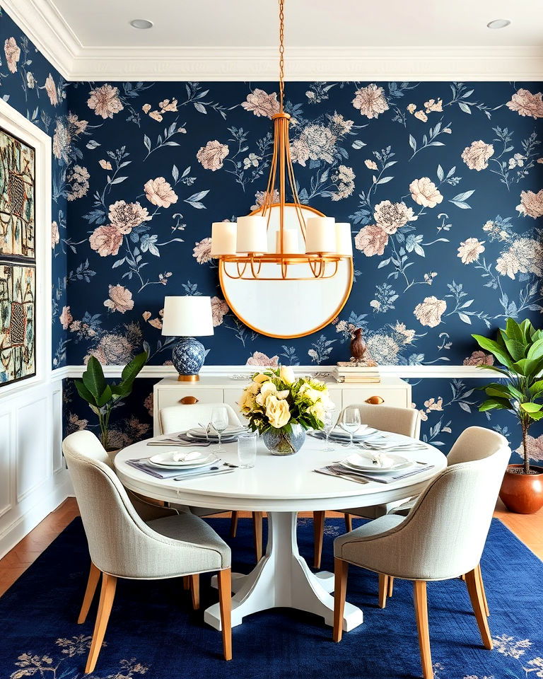 elegant navy blue dining room wallpaper