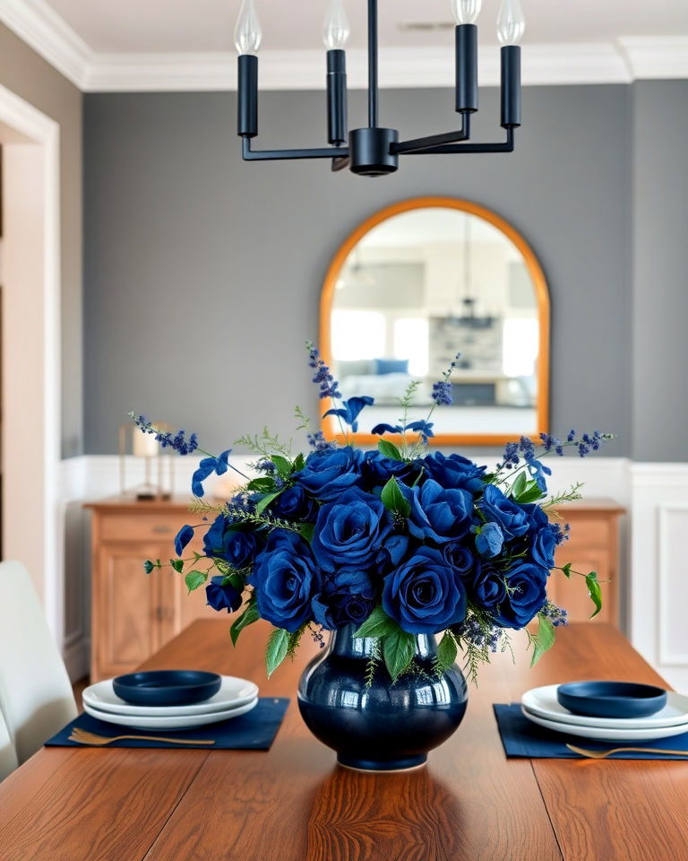 elegant navy blue dining table floral arrangements