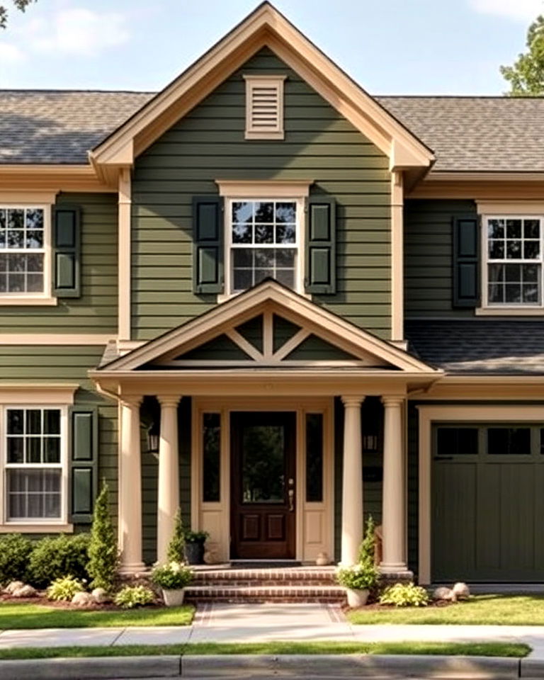 elegant olive green exterior with beige accents