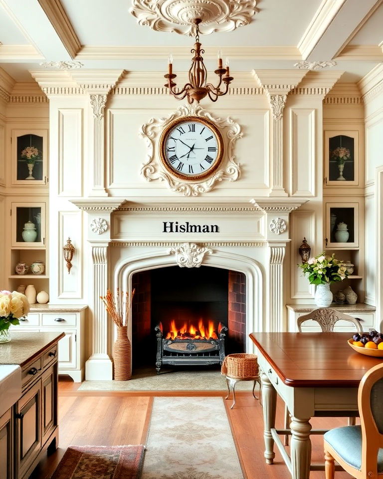 elegant ornate fireplace in a provincial kitchen