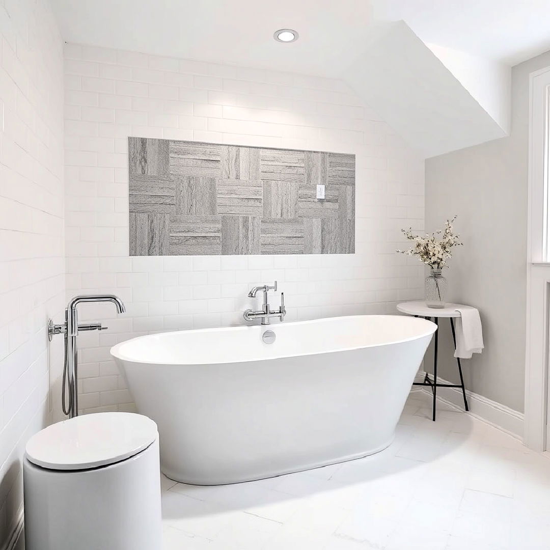 elegant white bathtub surround with grey tile inlay