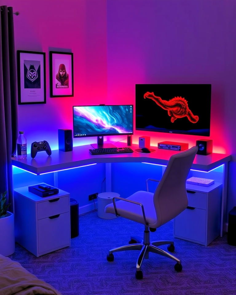 elevate a bedroom with led highlighted gaming desk