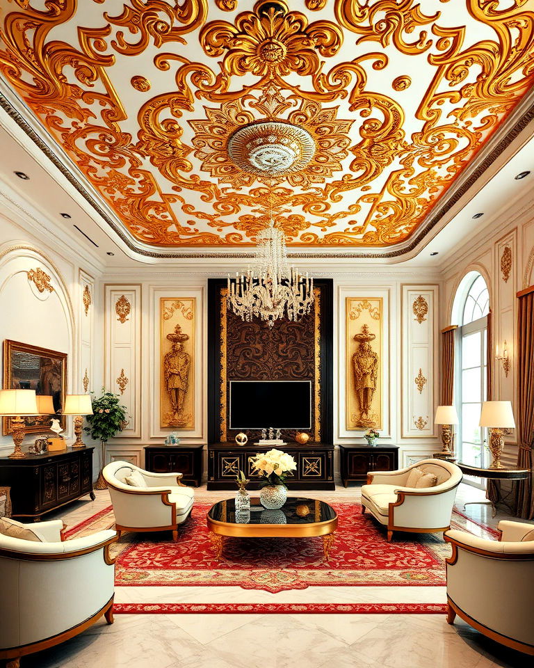 embellished living room ceiling with gold leaf accents