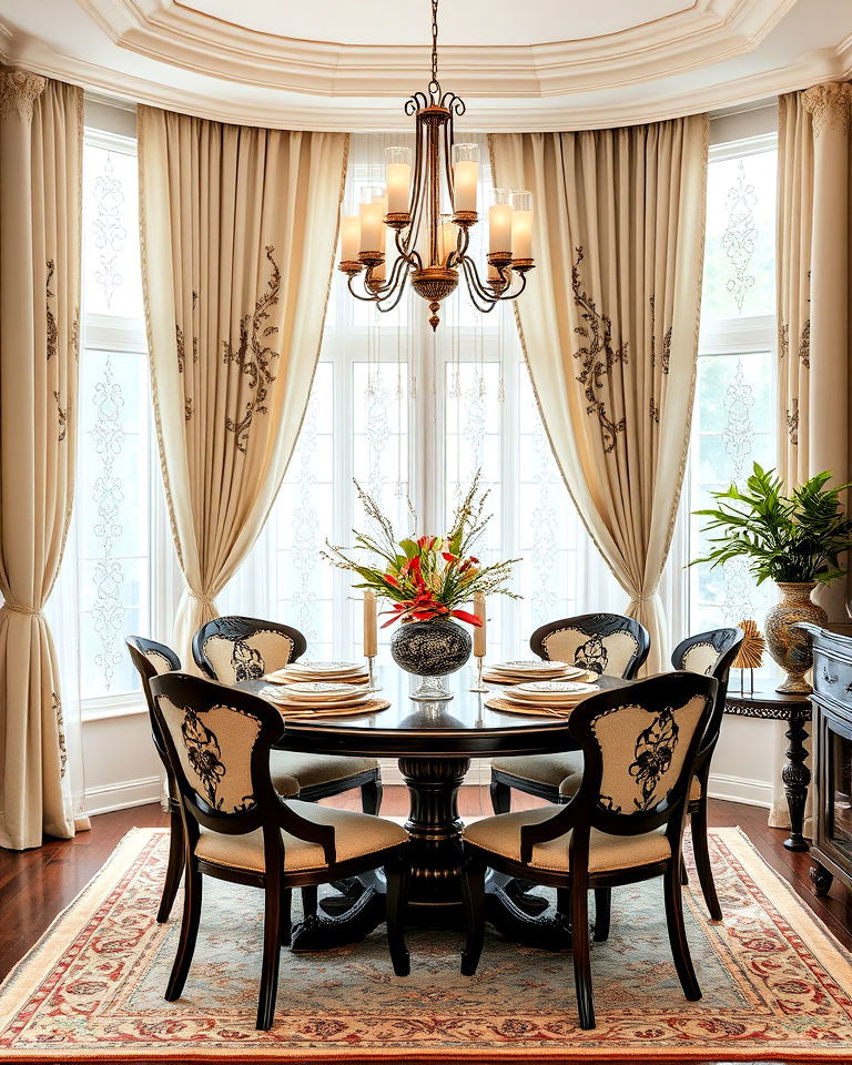 embroidered curtains to elevate the dining room