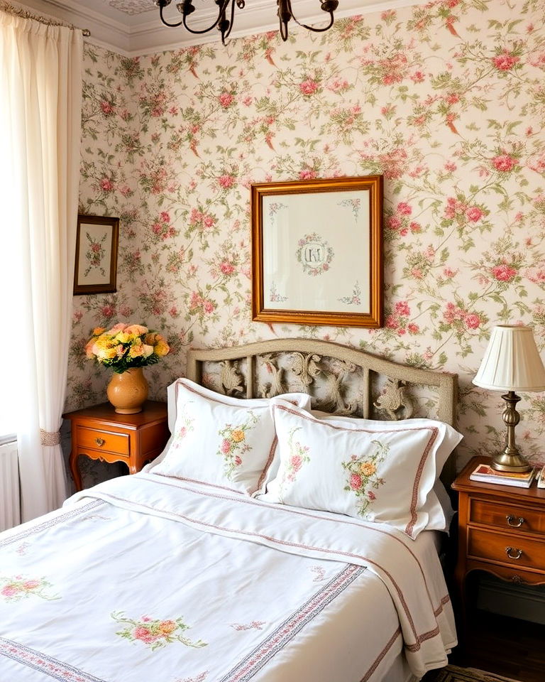 embroidered linens for vintage bedroom