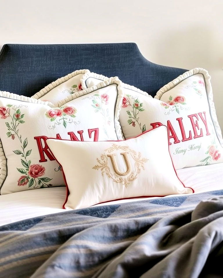 embroidered pillows designs for grandmillennial bedroom