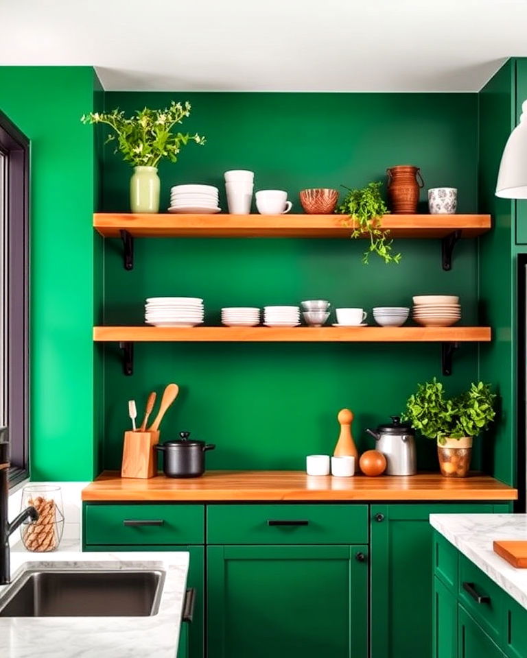 emerald green accent wall paired with wooden open shelves for kitchen