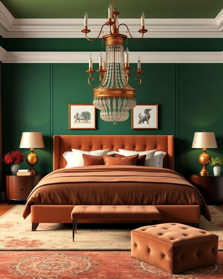 emerald green and chestnut brown bedroom decor