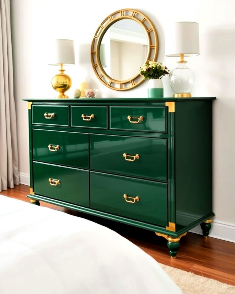 emerald green and gold dresser bedroom