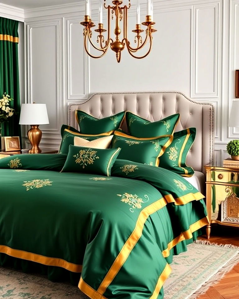 emerald green bedding with gold accents