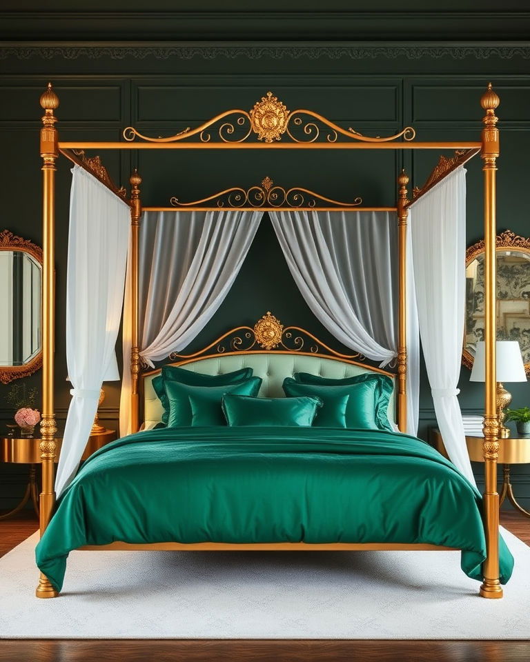 emerald green bedding with gold canopy frame