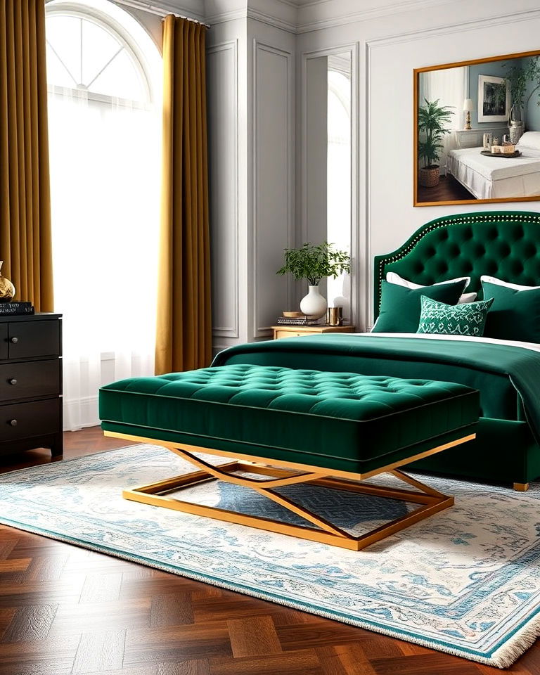 emerald green ottoman with gold base bedroom