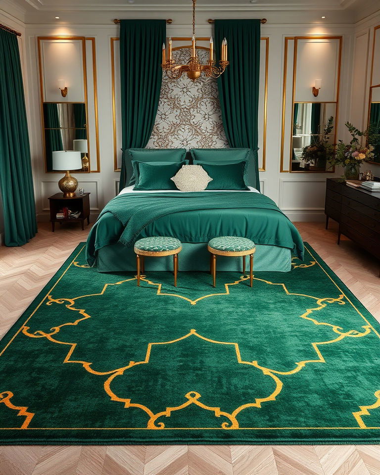 emerald green rug with gold details bedroom