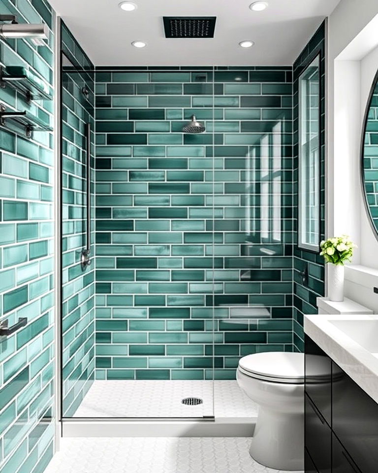 emerald green shower tiles with grey fixtures