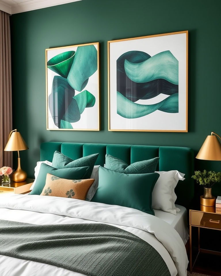 emerald green wall art with gold frames