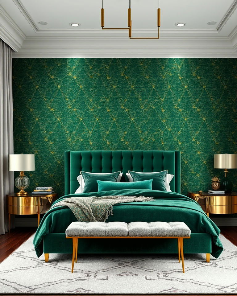 emerald green wallpaper with gold accents bedroom