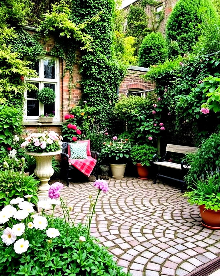 english garden inspired cobblestone patio