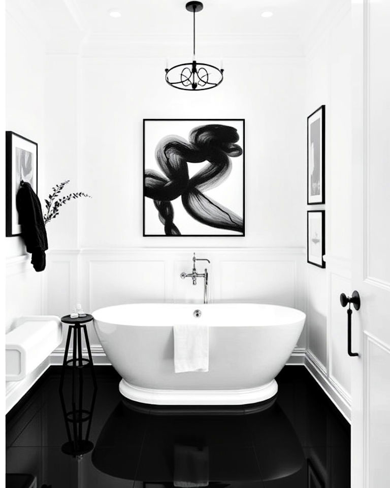 enhance bathroom with monochrome artwork