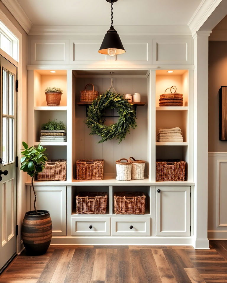 entryway built in shelving for organization