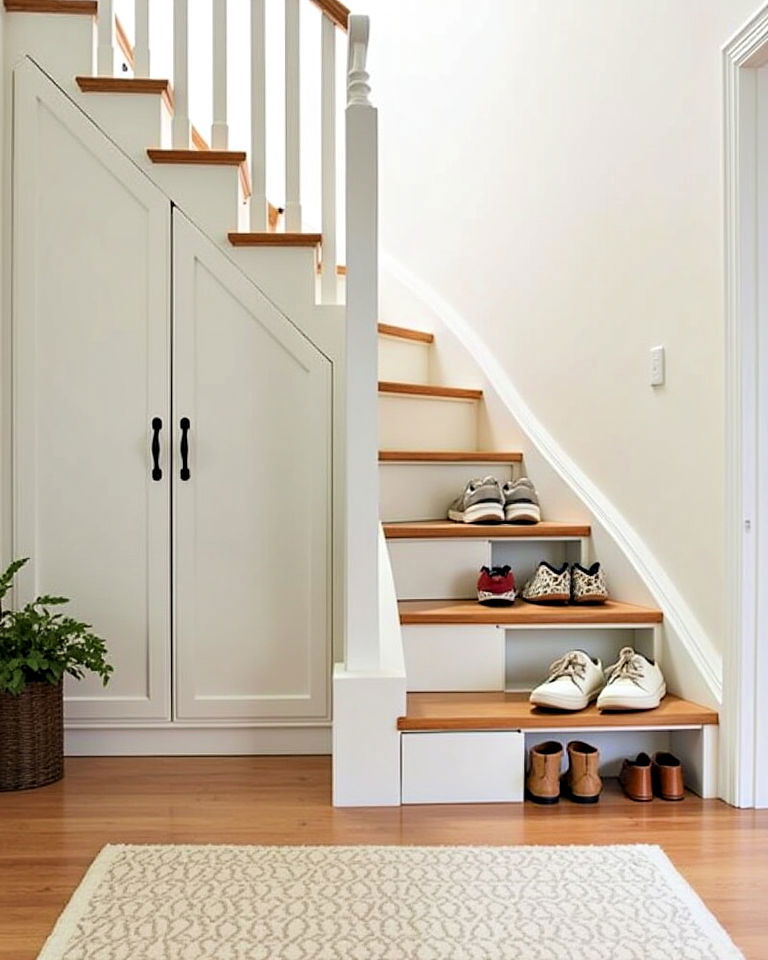 entryway hidden shoe storage under stairs