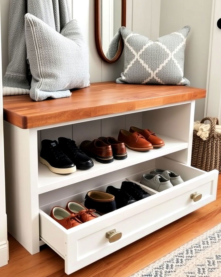 entryway under bench shoe drawers